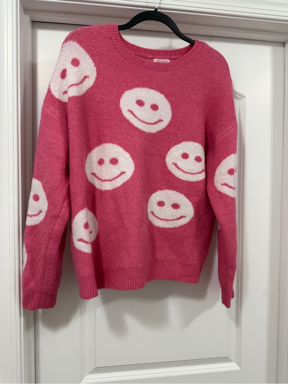 Pink Lily Pink & White Smiley Crewneck Sweater - Women's